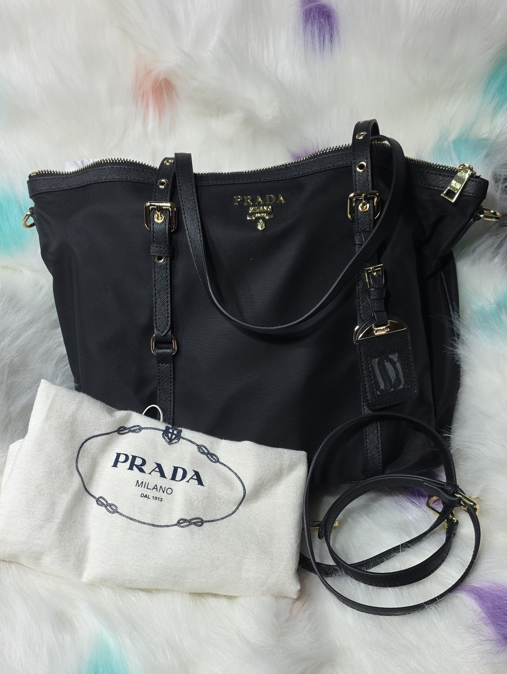 Authentic Prada Black Nylon Tote with Gold-Tone Hardware